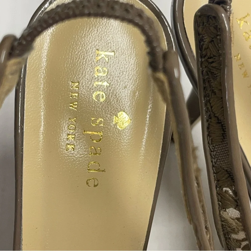 Kate Spade Daisy Mesh Patent Bow Heeled Shoes Open Toe Taupe Sz 7.5